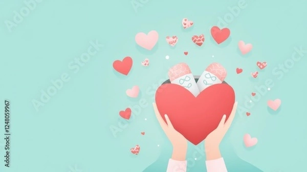 Fototapeta Hands Holding Heart With Love Bottles Surrounded By Colorful Hearts On Soft Background