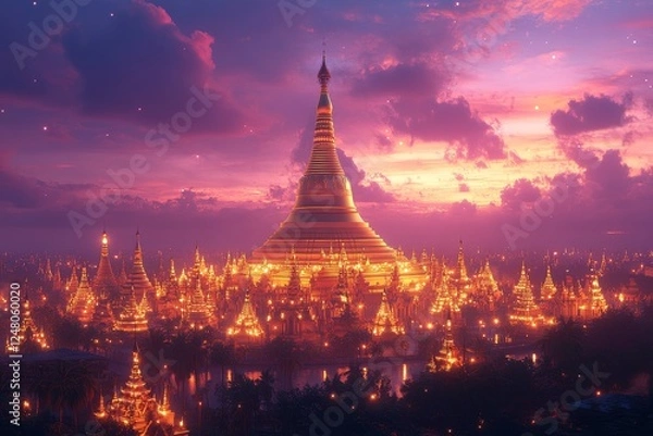 Obraz Golden Pagoda sunset, Myanmar, illuminated temples, travel