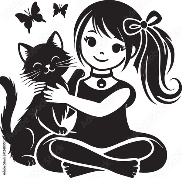 Fototapeta A Girl with a Cat icon silhouette vector with white background