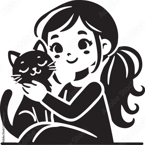 Fototapeta A Girl with a Cat icon silhouette vector with white background