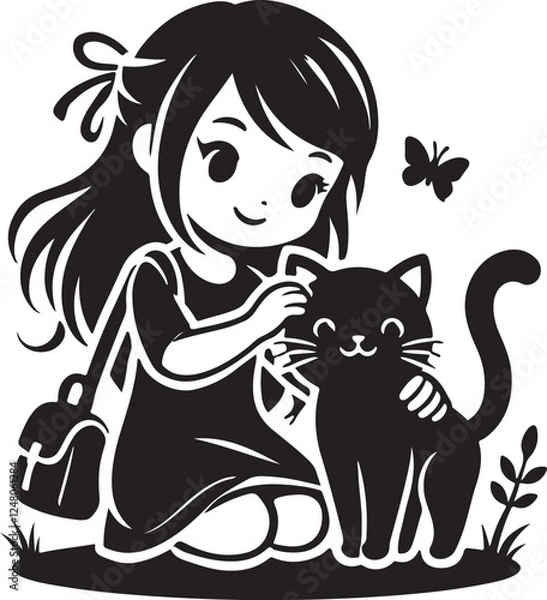 Fototapeta A Girl with a Cat icon silhouette vector with white background
