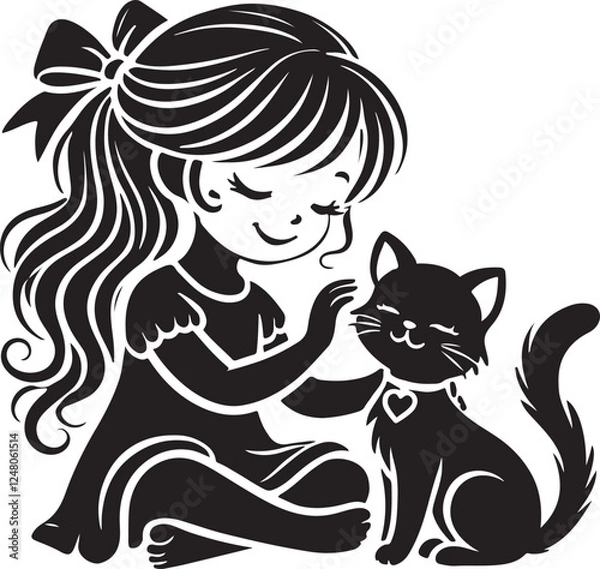 Fototapeta A Girl with a Cat icon silhouette vector with white background