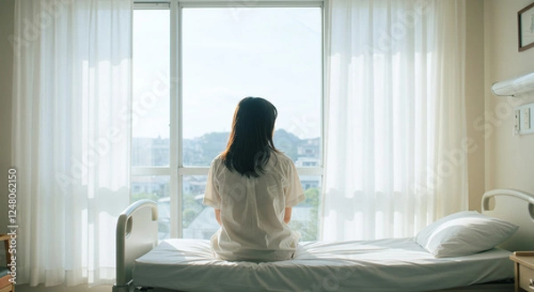 Fototapeta 病院のベッドの上に座っている若い女性｜後ろ姿｜入院患者