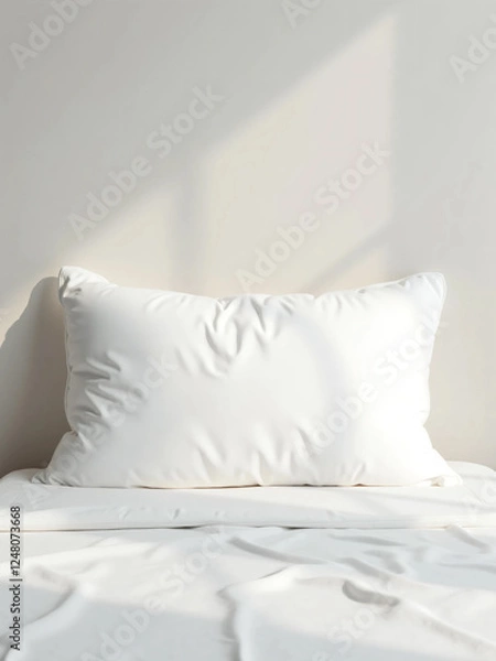 Fototapeta A Soft, Fluffy White Pillow Resting on a Neatly Made Bed with Crisp White Sheets. Soft Natural Lighting Enhances the Texture and Comfort of the Fabric, Creating a Cozy and Serene Bedroom Atmosphere
