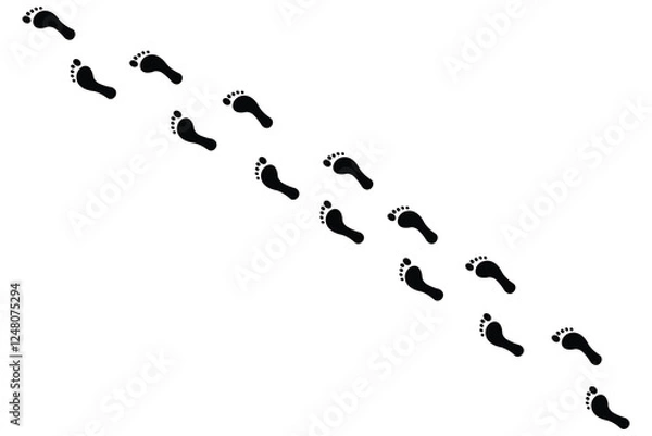 Fototapeta Human footprint. Path of human bare feet. Road of steps. Person walks barefoot. Silhouette. Vector isolated on white. Diagonal path. Drunk staggering man. 