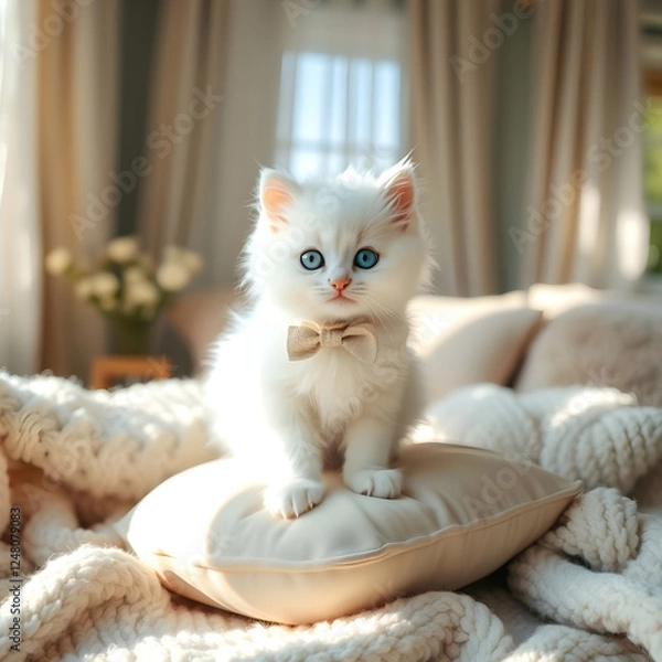 Obraz An adorable kitten with fluffy white fur, blue eyes, wearing a tiny bowtie, sitting on a cushion in a cozy room.