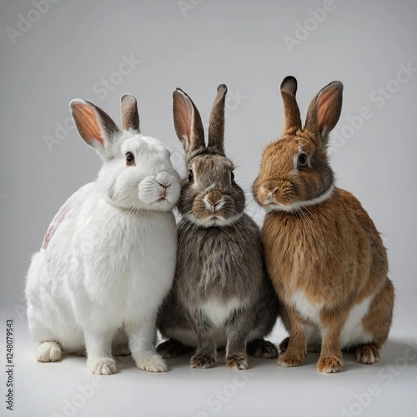Obraz "A group of three rabbits of different colors (brown, white, and gray) sitting together on a white background, looking playful."