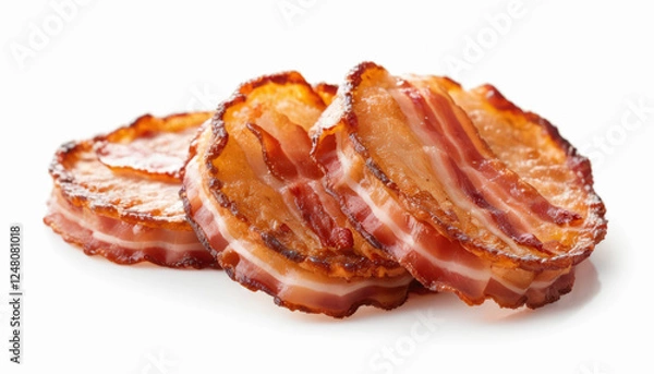 Fototapeta Fried bacon pieces isolated on white background. 