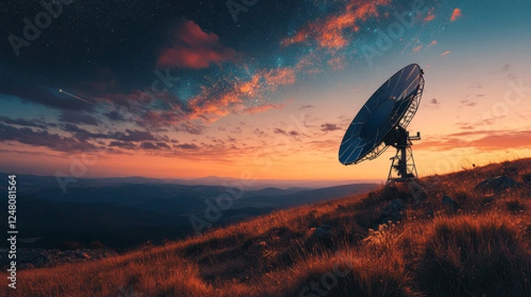 Fototapeta Communication satellite with antenna and abstract signal waves. Telecommunication or gps system station on Earth orbit, vector isometric animation sprite sheet