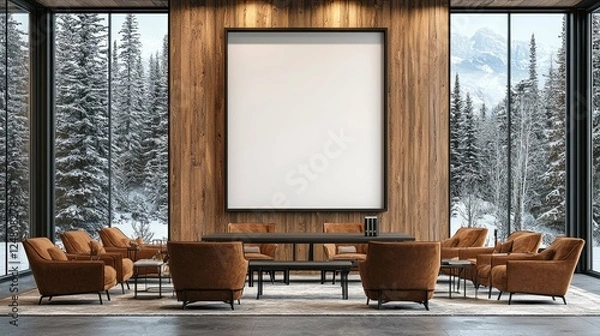 Fototapeta Modern Mountain Cabin Interior Design: Cozy Living Room with Stunning Winter Views