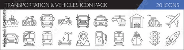Fototapeta Transportation and Vehicles Icon Pack Collection - A set of 20 simple, line-style icons representing various modes of transportation and vehicles for digital design purposes.

