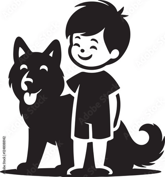 Fototapeta A boy with a dog icon silhouette vector with white background