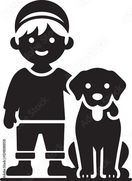 Fototapeta A boy with a dog icon silhouette vector with white background