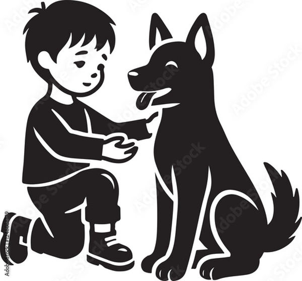 Fototapeta A boy with a dog icon silhouette vector with white background