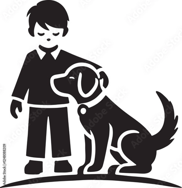 Fototapeta A boy with a dog icon silhouette vector with white background