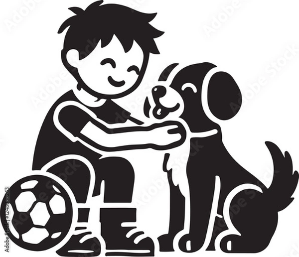 Fototapeta A boy with a dog icon silhouette vector with white background