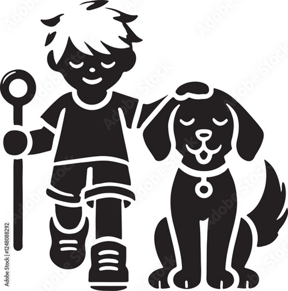 Fototapeta A boy with a dog icon silhouette vector with white background