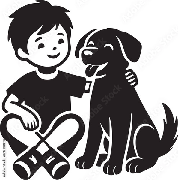 Fototapeta A boy with a dog icon silhouette vector with white background