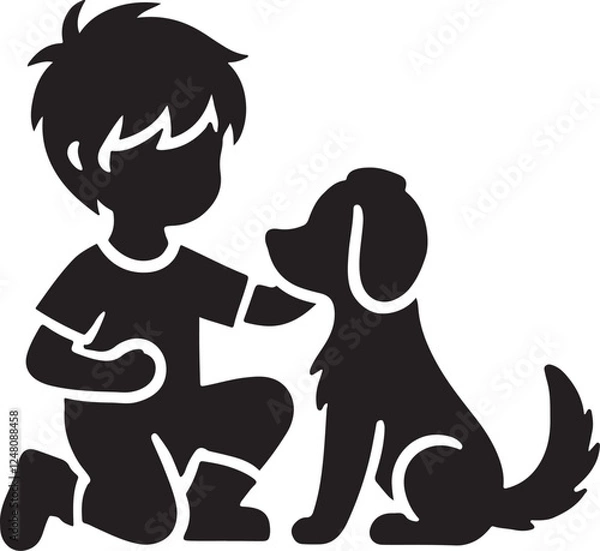 Fototapeta A boy with a dog icon silhouette vector with white background