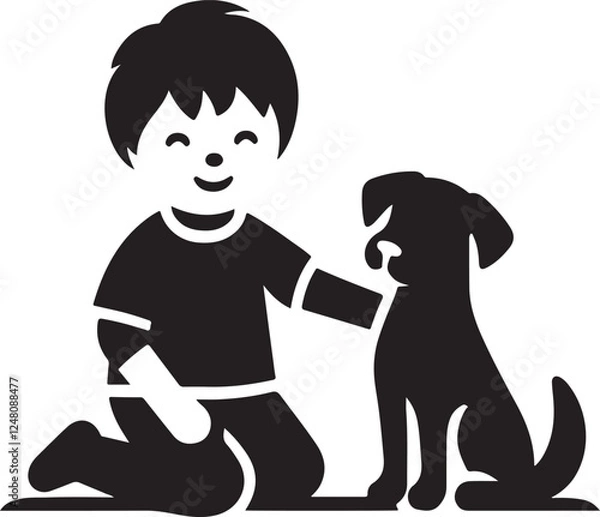 Fototapeta A boy with a dog icon silhouette vector with white background