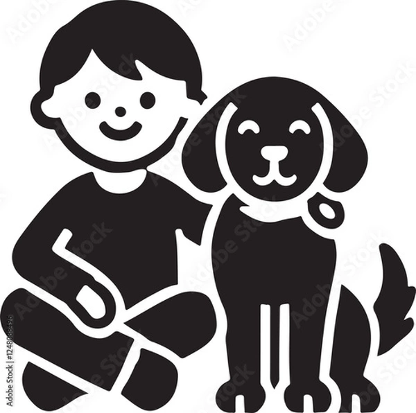 Fototapeta A boy with a dog icon silhouette vector with white background