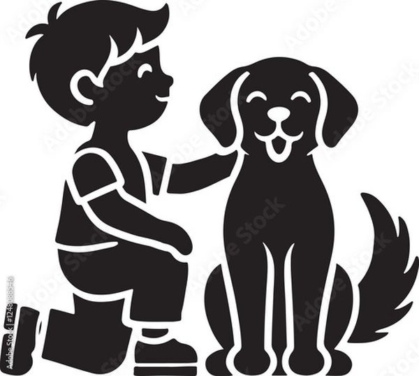 Fototapeta A boy with a dog icon silhouette vector with white background