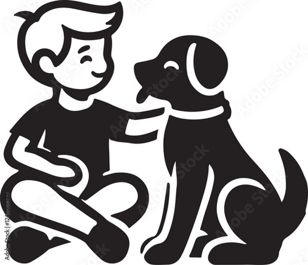Fototapeta A boy with a dog icon silhouette vector with white background