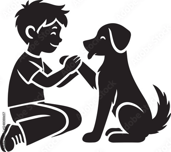 Fototapeta A boy with a dog icon silhouette vector with white background