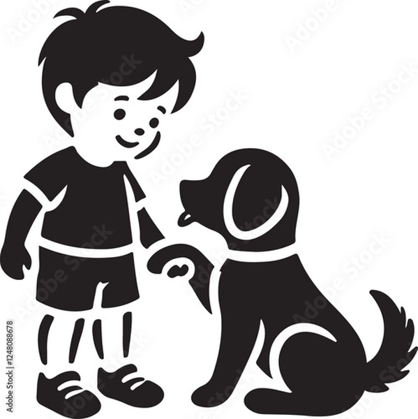 Fototapeta A boy with a dog icon silhouette vector with white background