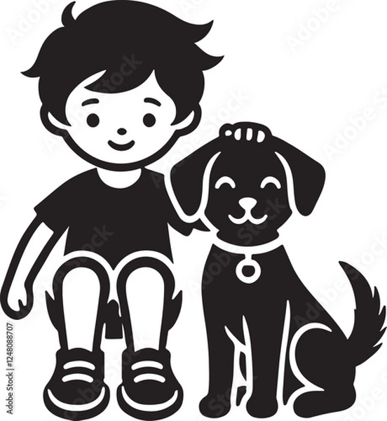Fototapeta A boy with a dog icon silhouette vector with white background
