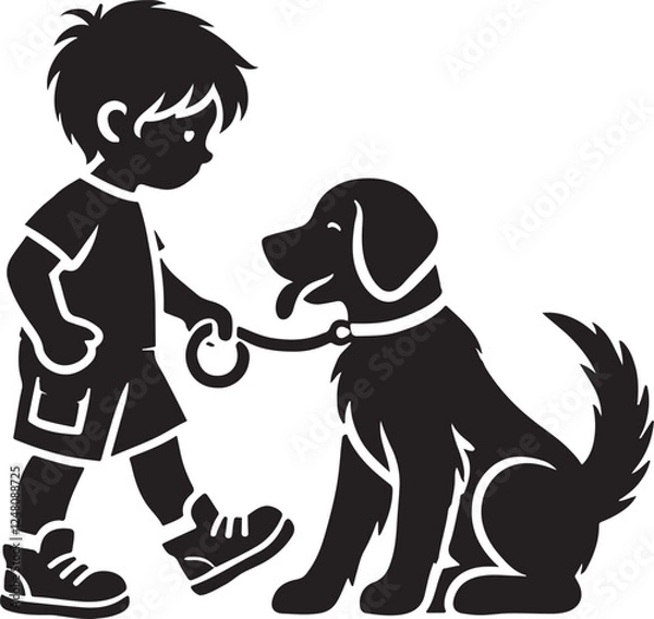 Fototapeta A boy with a dog icon silhouette vector with white background