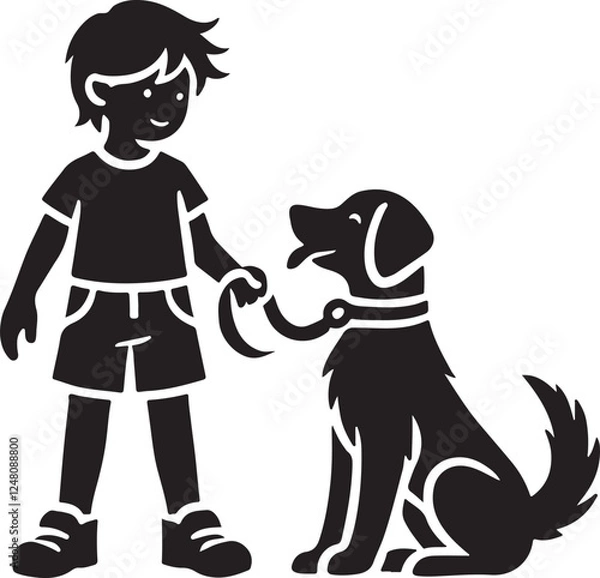 Fototapeta A boy with a dog icon silhouette vector with white background