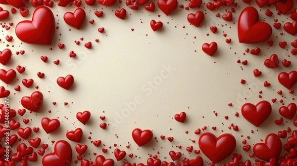 Fototapeta Red hearts scattered on a light background.