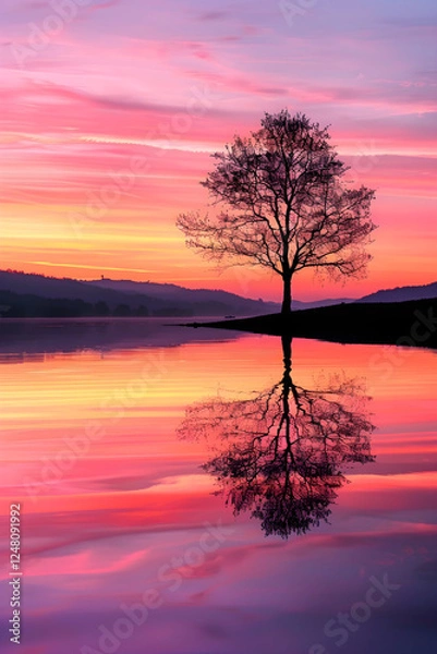 Fototapeta Serene Lakeside Sunset with Silhouetted Tree: Perfect Template for Nature and Travel Enthusiasts