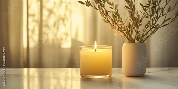 Fototapeta scented candle with flickering light on a
