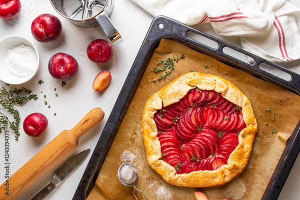 Fototapeta Plum galette with thyme on baking sheet on light background. Healthy homemade fruit pie with plums. Vegan vegetarian cake. Summer concept. Top view.