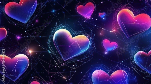 Fototapeta Colorful digital hearts in a cosmic background.
