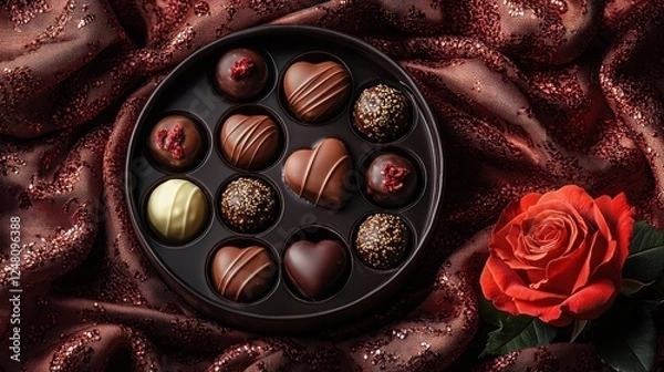 Fototapeta Assorted chocolates in a decorative box with a rose.