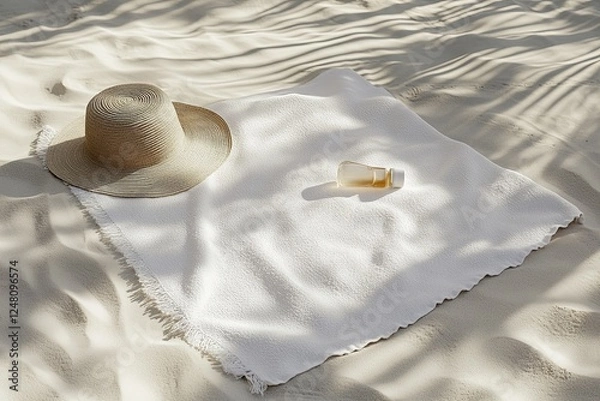 Fototapeta Minimalist summer setup with a white beach towel, straw hat, and sunscreen on soft sand