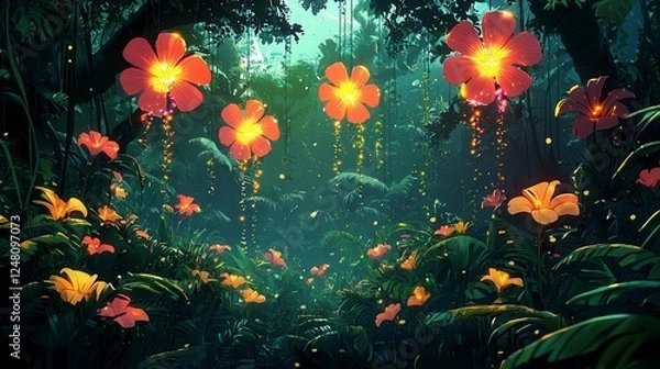 Obraz Enchanted Forest Path with Glowing Orange Flowers Pixel Art
