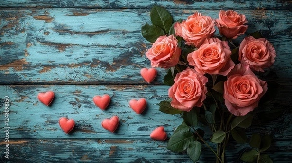 Fototapeta Romantic roses and hearts on a rustic background.