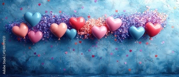 Fototapeta Colorful heart-shaped balloons on a textured background.