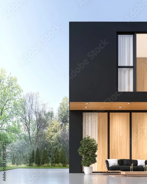 Obraz Modern house exterior with wooden accents and lush greenery under clear blue sky