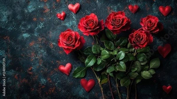 Fototapeta Red roses and hearts on a textured background.