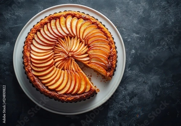 Fototapeta Delicious Apple Tart with Sliced Fruit in Spiraled Arrangement on Dark Background Perfect for Dessert Lovers and Food Enthusiasts