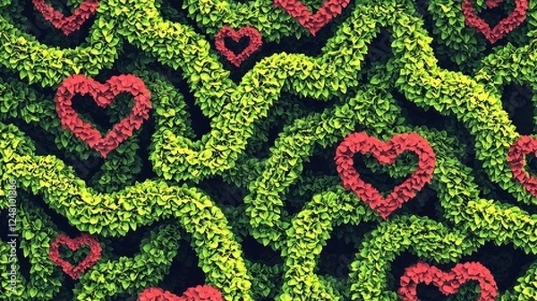 Fototapeta Green foliage with red heart shapes intertwined.