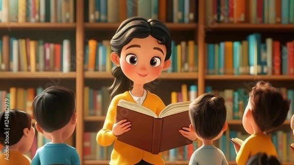 Fototapeta Enchanting Storytime: A heartwarming scene of a teacher captivating a group of children with a story, creating an atmosphere of learning and imagination.