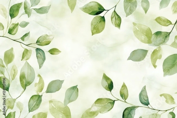 Fototapeta A continuous border of soft green watercolor leaves and twigs, designed for fashion prints or greeting cards.