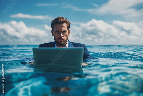Fototapeta A businessman in a suit working on a laptop while floating in the ocean, symbolizing remote work and digital nomad life.