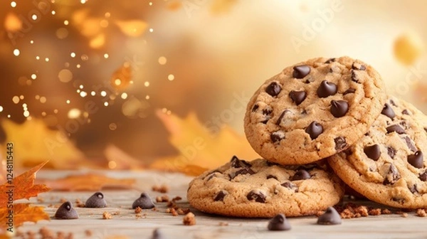 Fototapeta Close-up of freshly baked chocolate chip cookies topped with pumpkin spice cream, set on a rustic Thanksgiving table, golden autumn leaves as background